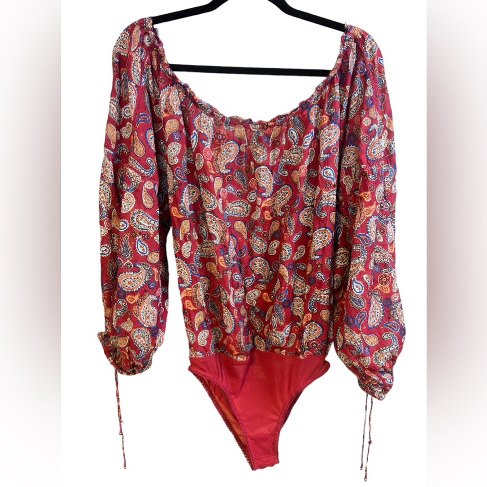 Free People Red Paisley Off-Shoulder Bodysuit - Picture 5 of 9